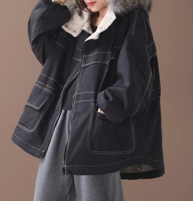 Short Women Casual Hooded Parka Faux Fur Collar Plus Size Coat Jacket