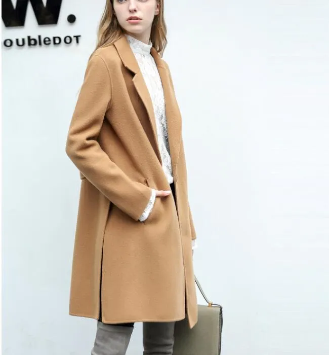 Side Slit Women Winter Wool Coat  Double Face Women Wool Coat Jacket With Waist Belt53002