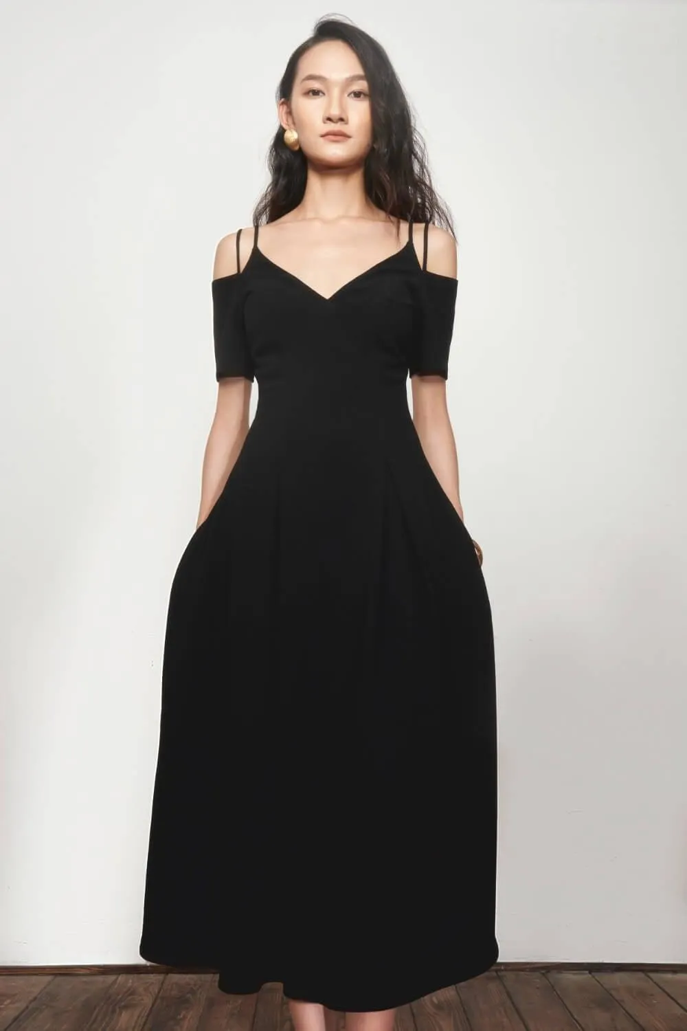 Simon A-line Cold Shoulder Sleeved Polyester Spandex Midi Dress