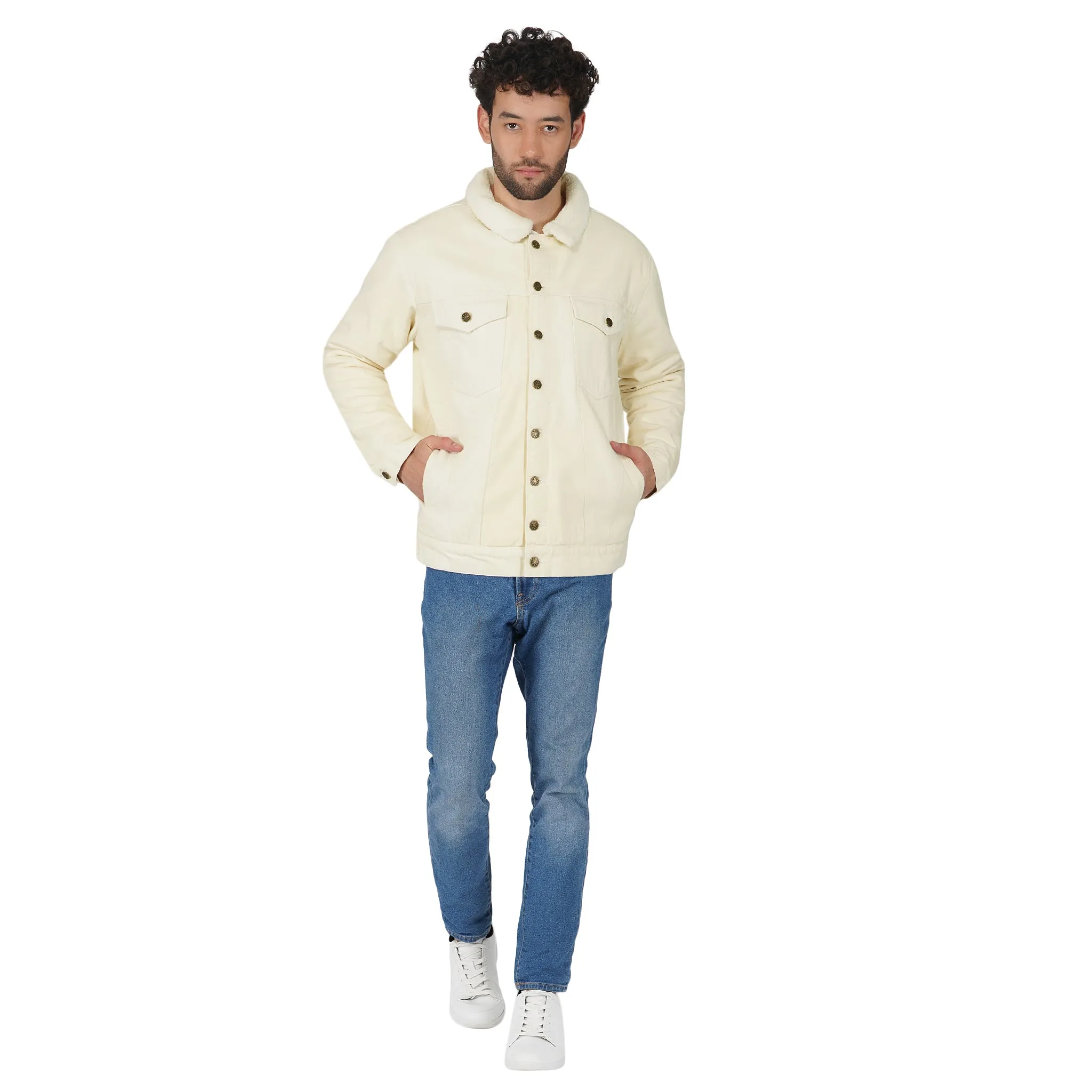 SLAY. Men's Full Sleeves Off-white Solid Button-Down Denim Jacket with Faux-fur Lining