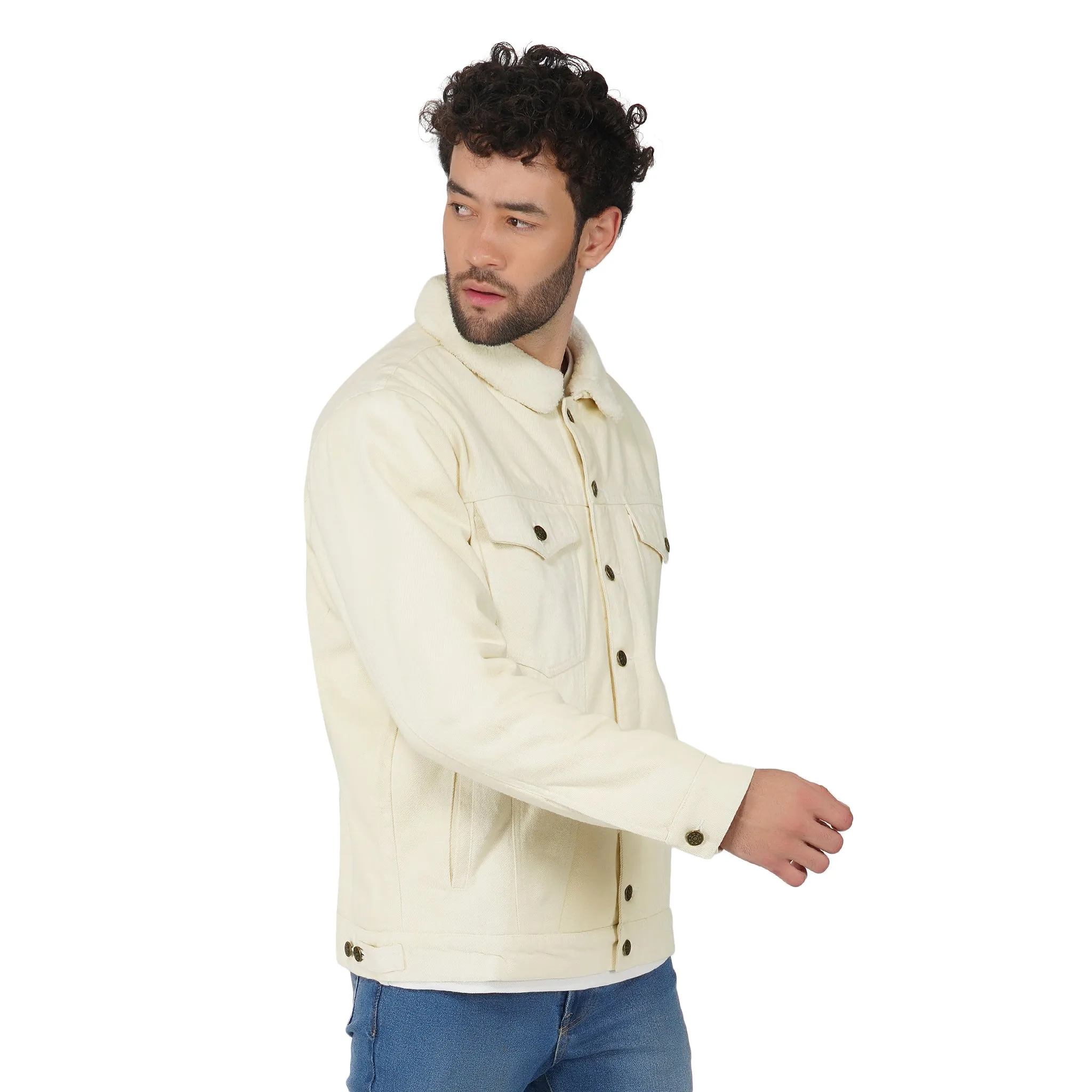 SLAY. Men's Full Sleeves Off-white Solid Button-Down Denim Jacket with Faux-fur Lining