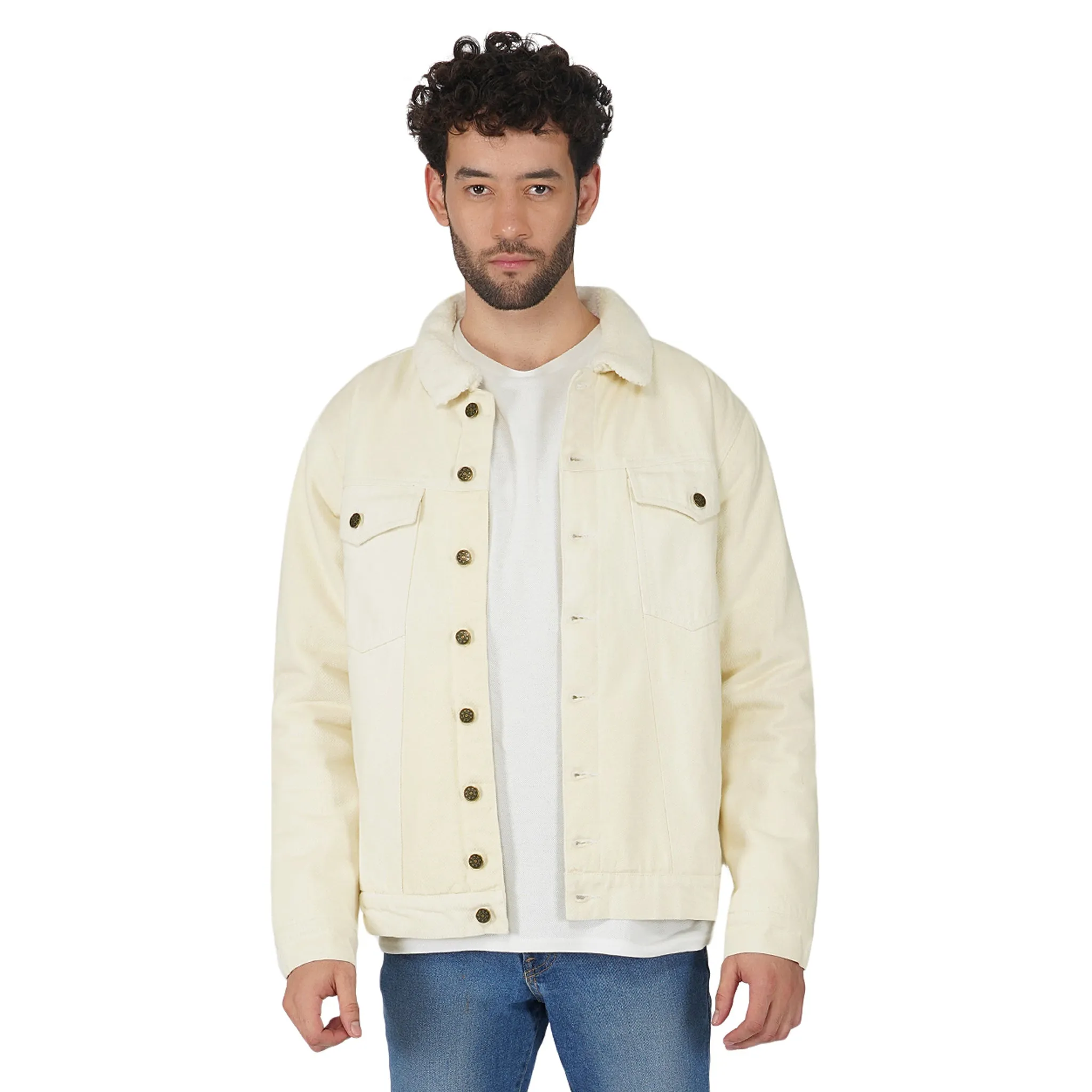 SLAY. Men's Full Sleeves Off-white Solid Button-Down Denim Jacket with Faux-fur Lining