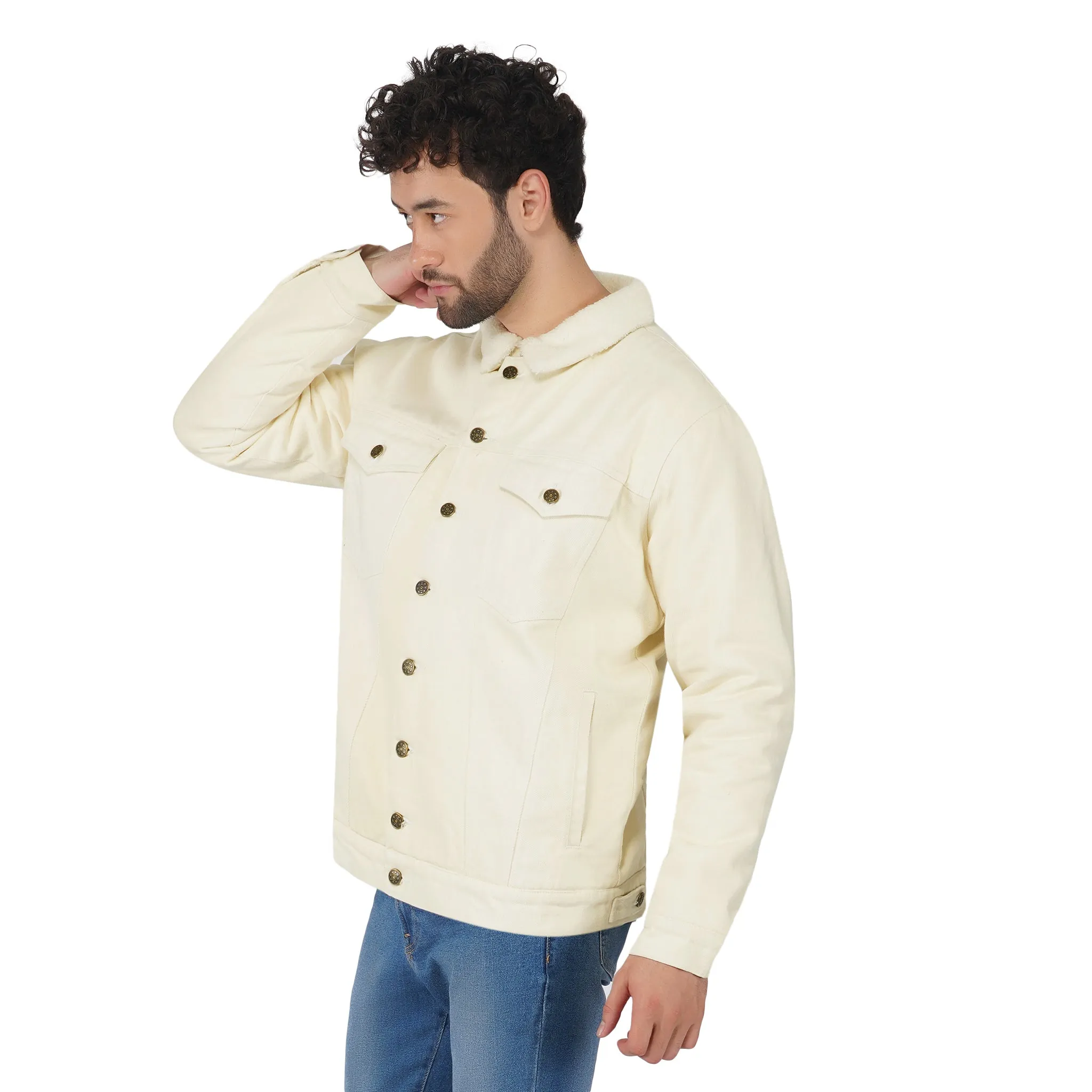 SLAY. Men's Full Sleeves Off-white Solid Button-Down Denim Jacket with Faux-fur Lining