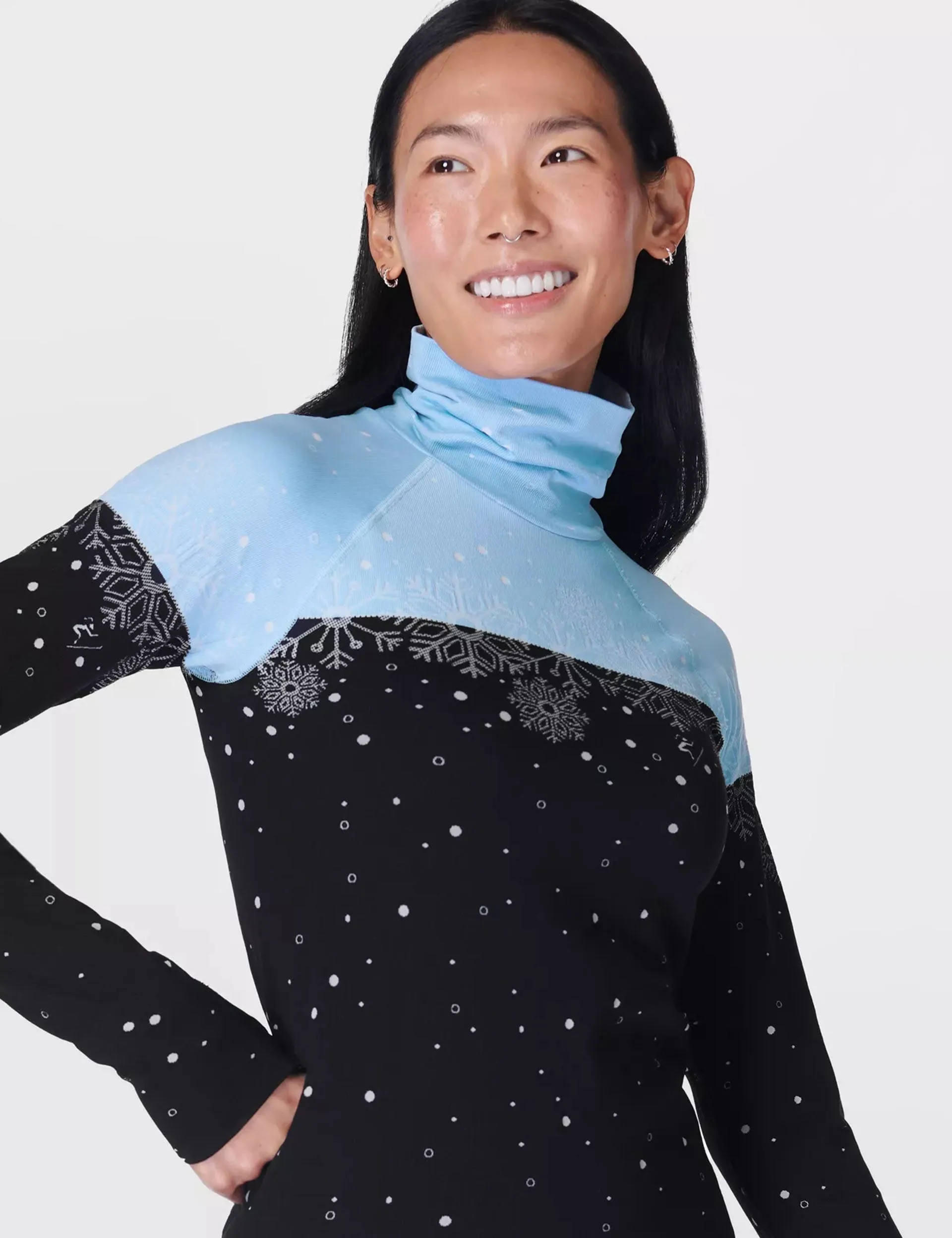 Snowflake Funnel Neck Base Layer Top - Blue Snowflake Jacquard