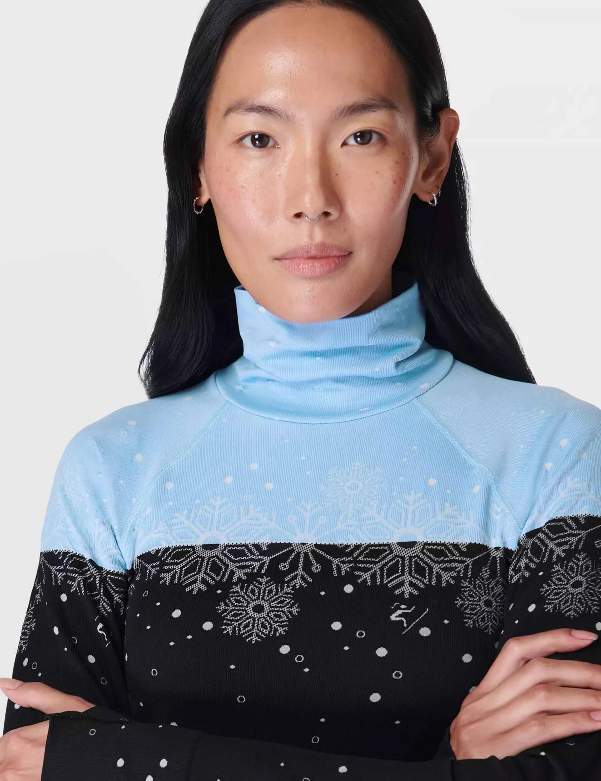 Snowflake Funnel Neck Base Layer Top - Blue Snowflake Jacquard