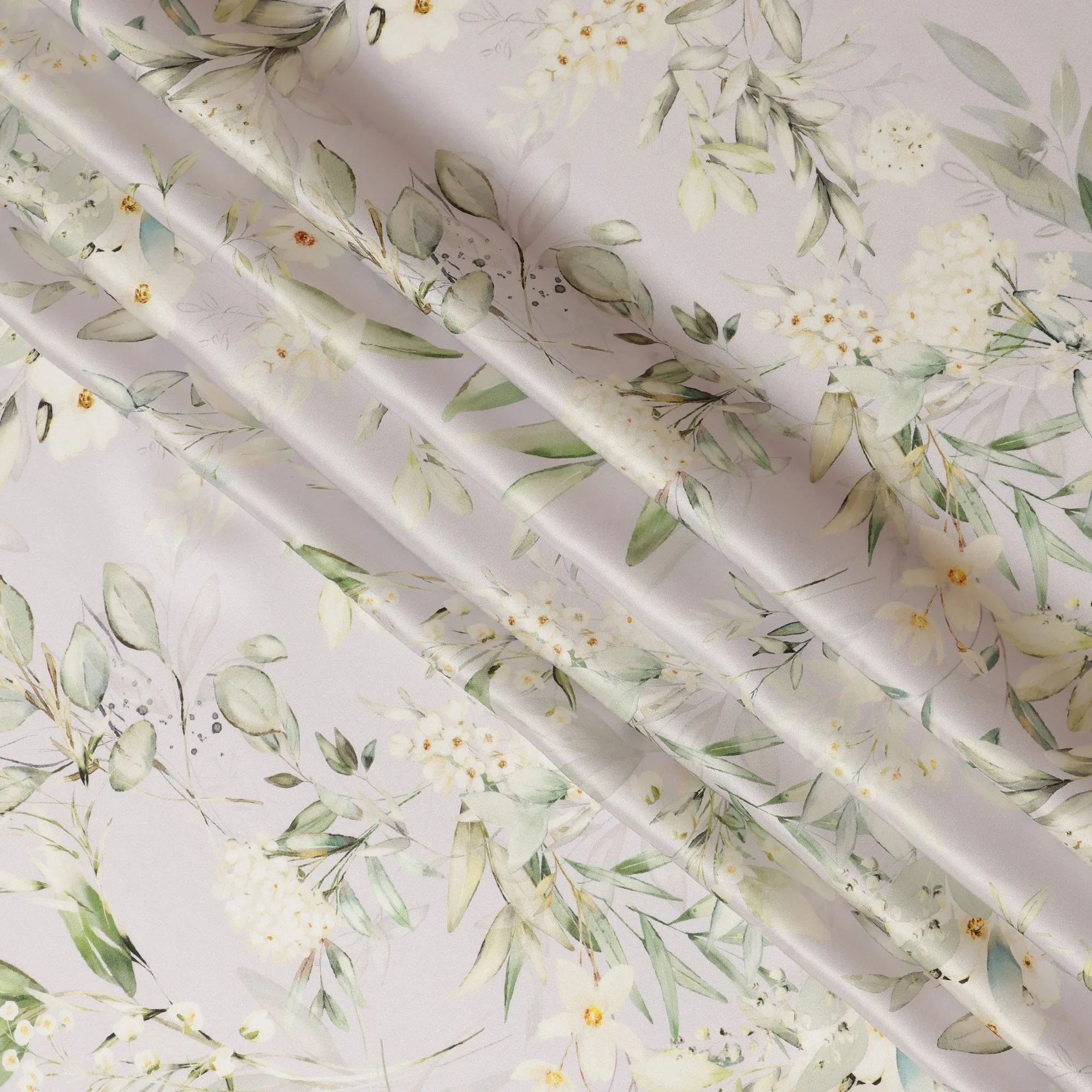 Soft Ivory Green Floral Pure Silk Satin Fabric - 140 cm Width, Made in Italy-D20730