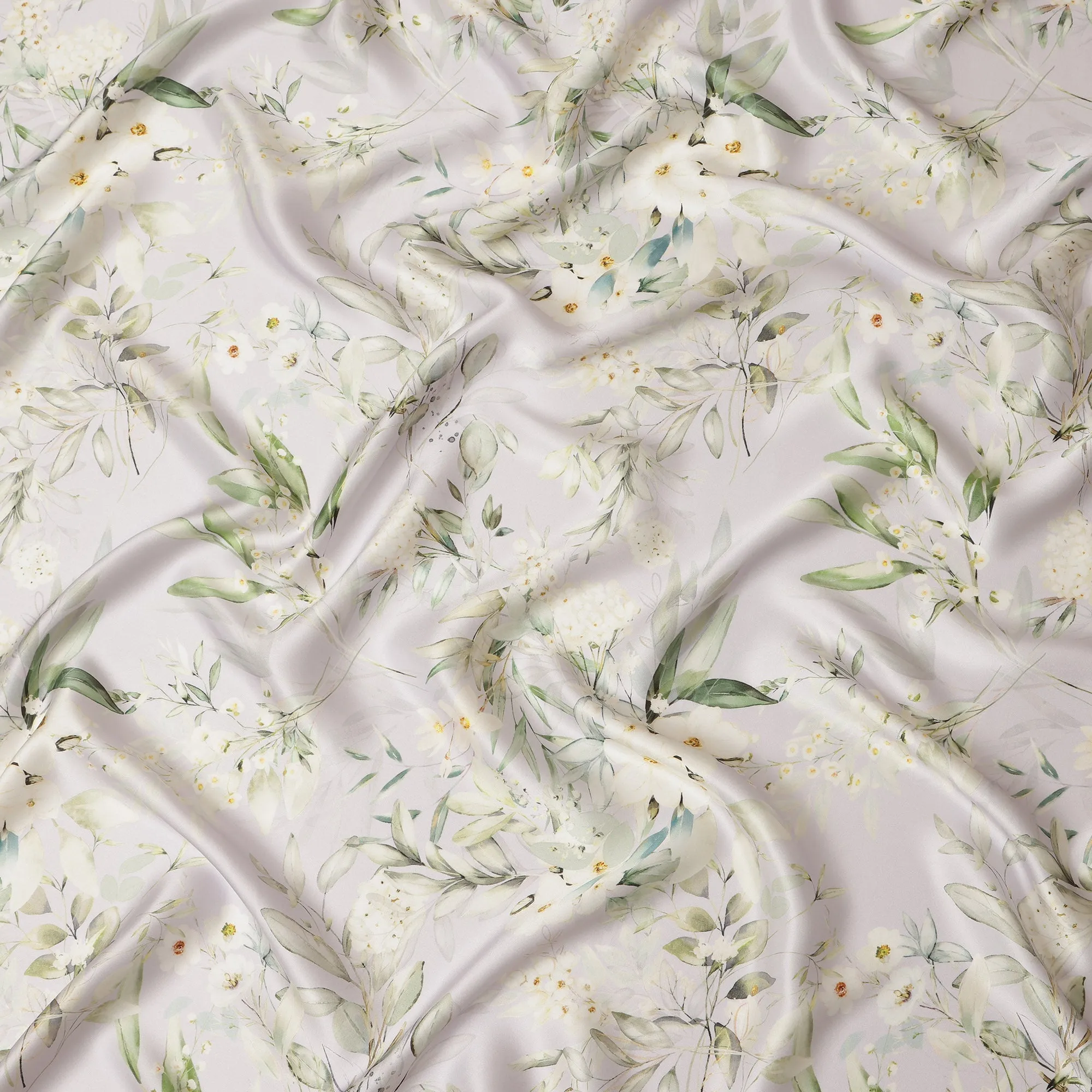 Soft Ivory Green Floral Pure Silk Satin Fabric - 140 cm Width, Made in Italy-D20730