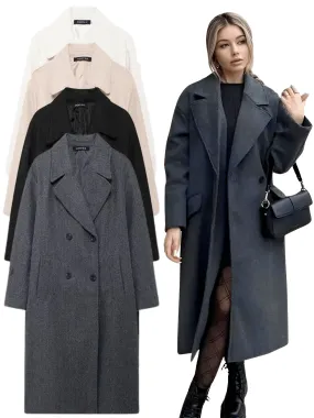 Solid Lapel Women's Double Breasted Long Coat Top Female Pocket Streetwear