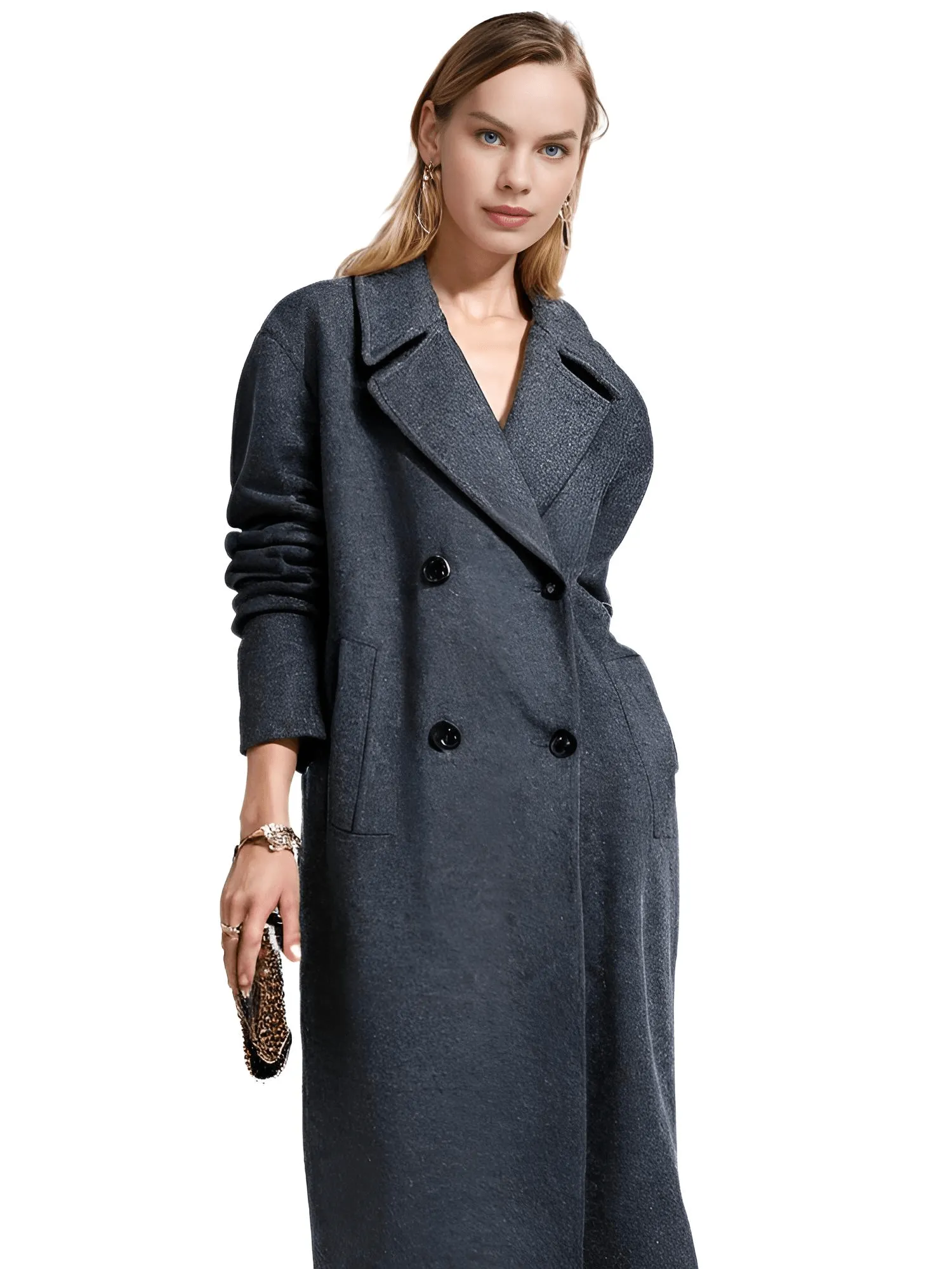 Solid Lapel Women's Double Breasted Long Coat Top Female Pocket Streetwear