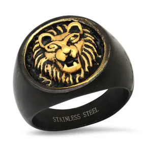 SteelTime Men's Black Stainless Steel Signet Ring with Gold Lion