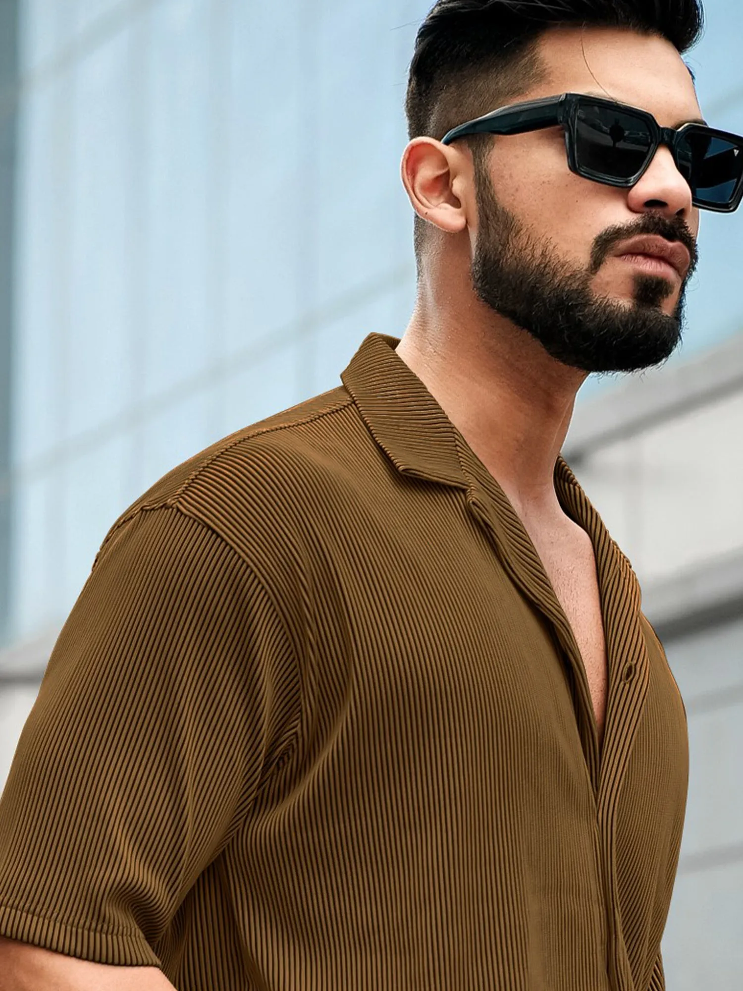 Stripe Textured Brown Half Sleeve Shirt