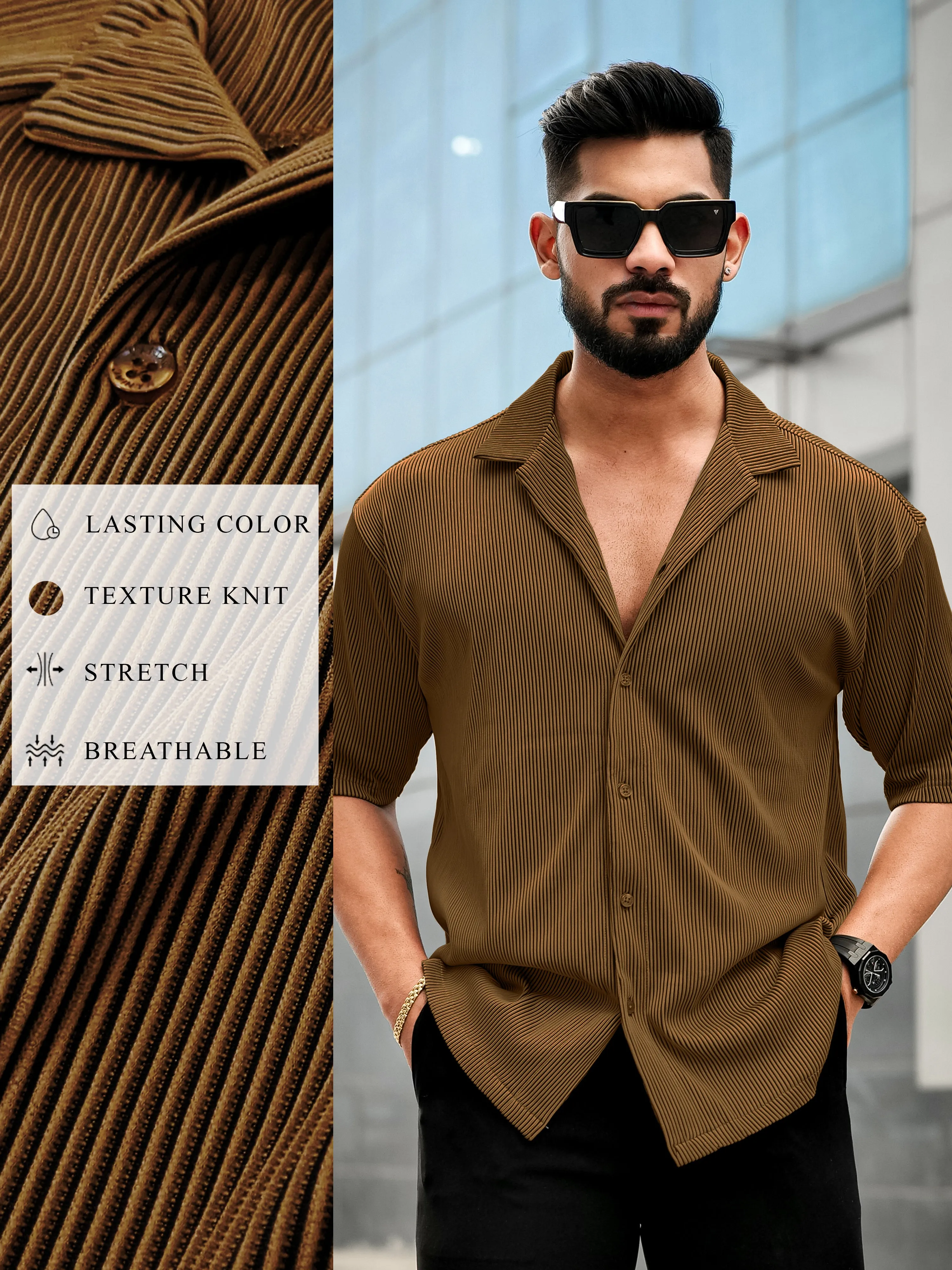 Stripe Textured Brown Half Sleeve Shirt