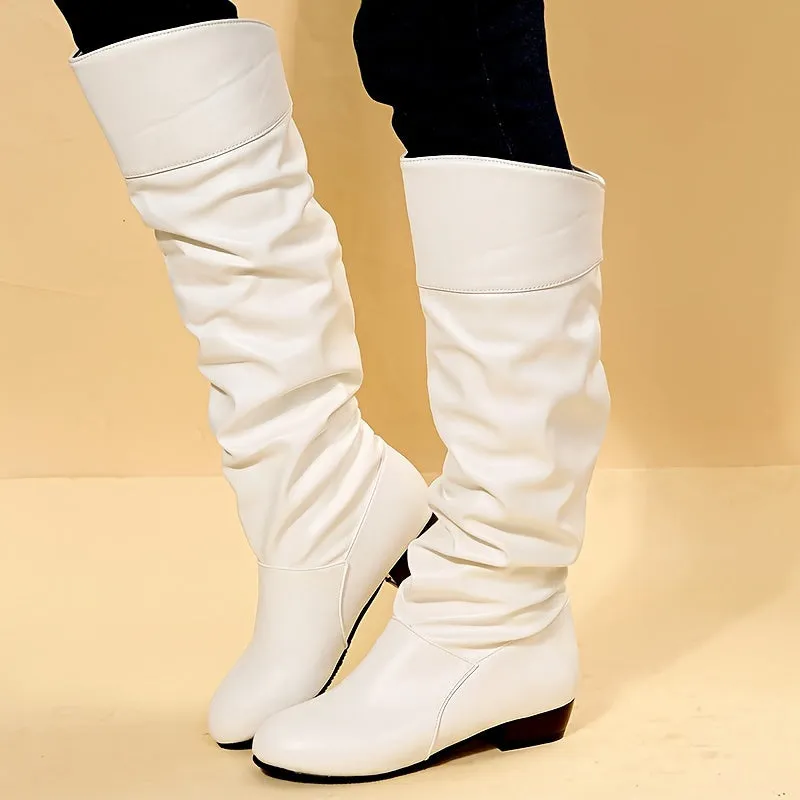 Stylish Solid Color Knee High Boots - Women's Fashion Chunky Heel Dress Boots with Slip-On Design, Comfortable and Trendy for Winter and Fall Season