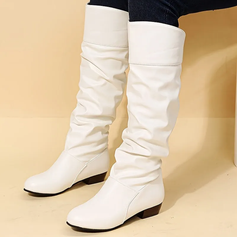 Stylish Solid Color Knee High Boots - Women's Fashion Chunky Heel Dress Boots with Slip-On Design, Comfortable and Trendy for Winter and Fall Season