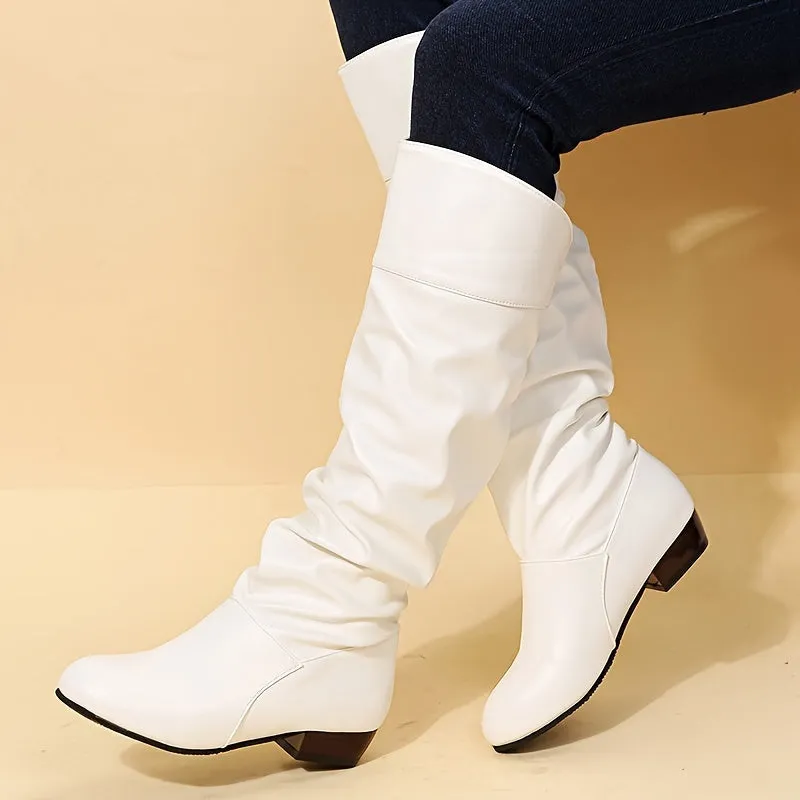 Stylish Solid Color Knee High Boots - Women's Fashion Chunky Heel Dress Boots with Slip-On Design, Comfortable and Trendy for Winter and Fall Season