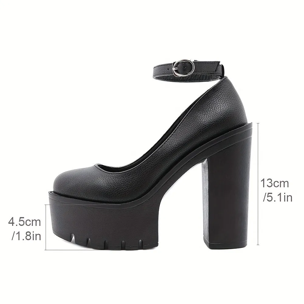 Stylish Women's Platform High Heels - Chunky Ankle Buckle Strap, Round Toe, Non-Slip Sole, Trendy Dress Pumps for Formal Occasions - Comfortable, Versatile, and Easy to Wear