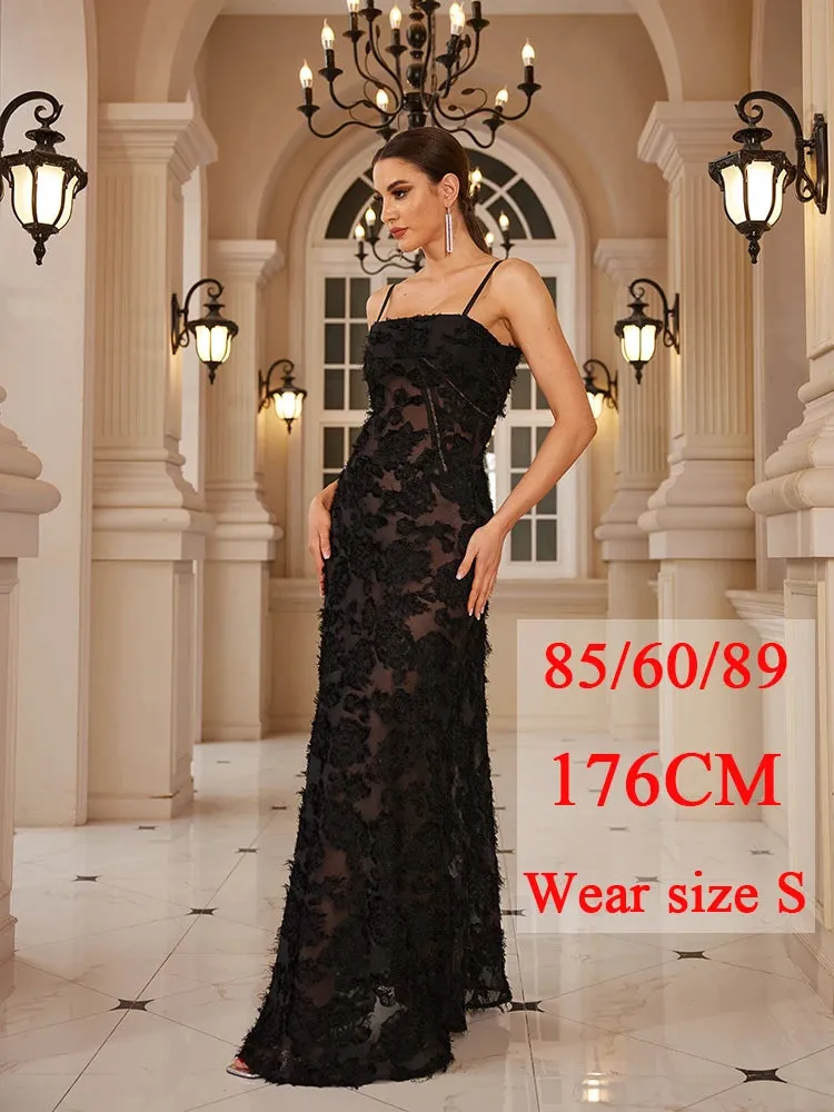 Suninheart Black Spaghetti Strap Christmas Dress Sexy See Through Elegant and Beautiful Women Dress Appliques Maxi Formal Dress