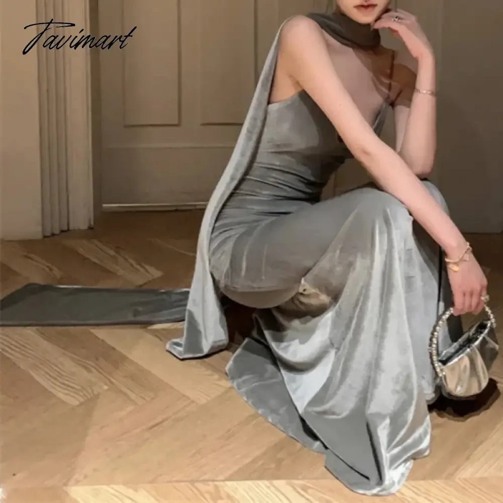 TAVIMART Korean Backless Lace Up Velvet Elegant Party Dress Women 2024 Spring New V-Neck Sexy Slim Floor-Length Dress Women with Scarf