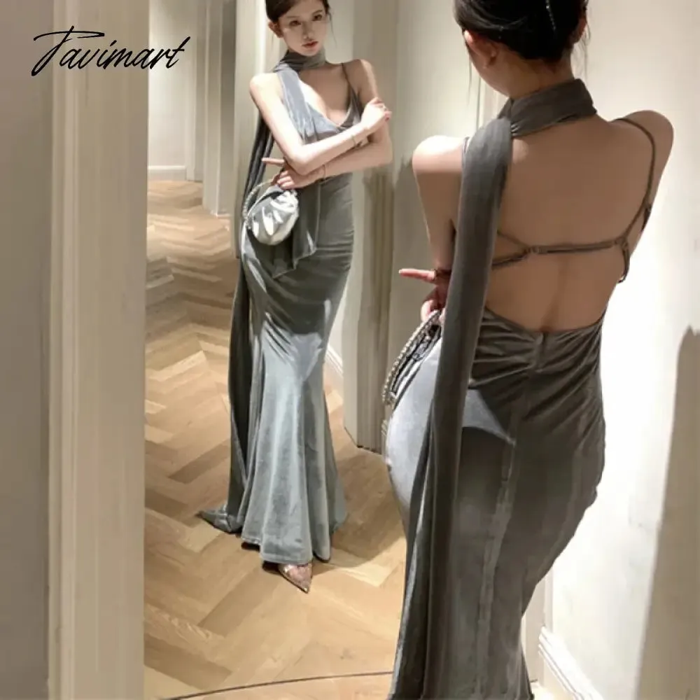 TAVIMART Korean Backless Lace Up Velvet Elegant Party Dress Women 2024 Spring New V-Neck Sexy Slim Floor-Length Dress Women with Scarf