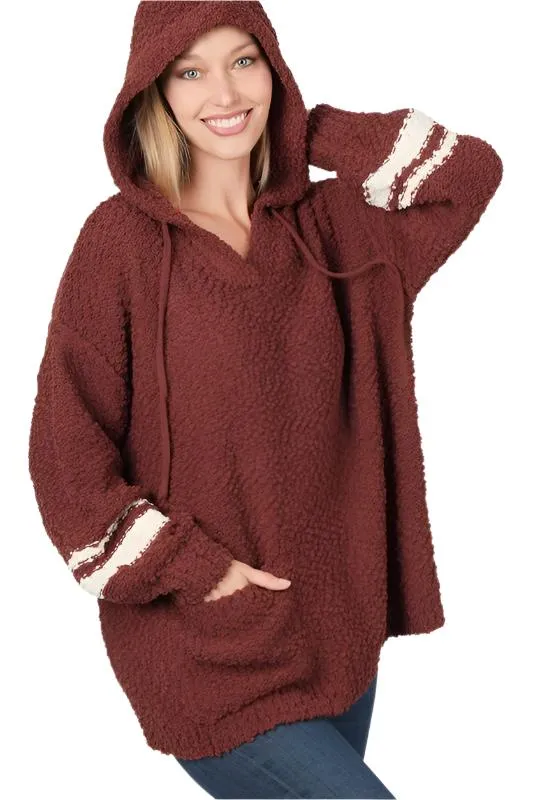 TEEK - Dark Rust Cream Hooded Front Pocket Popcorn Sweater