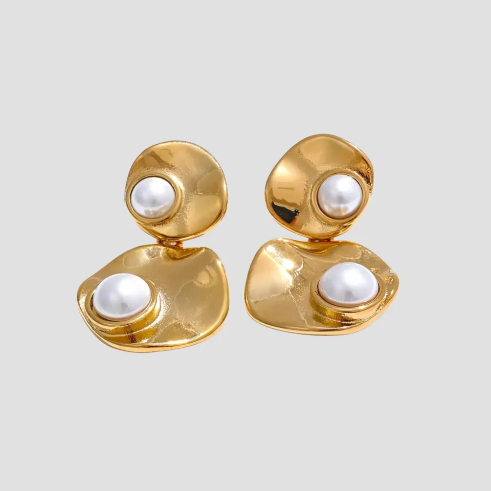 Textured Double Pearl 18k Gold Earrings