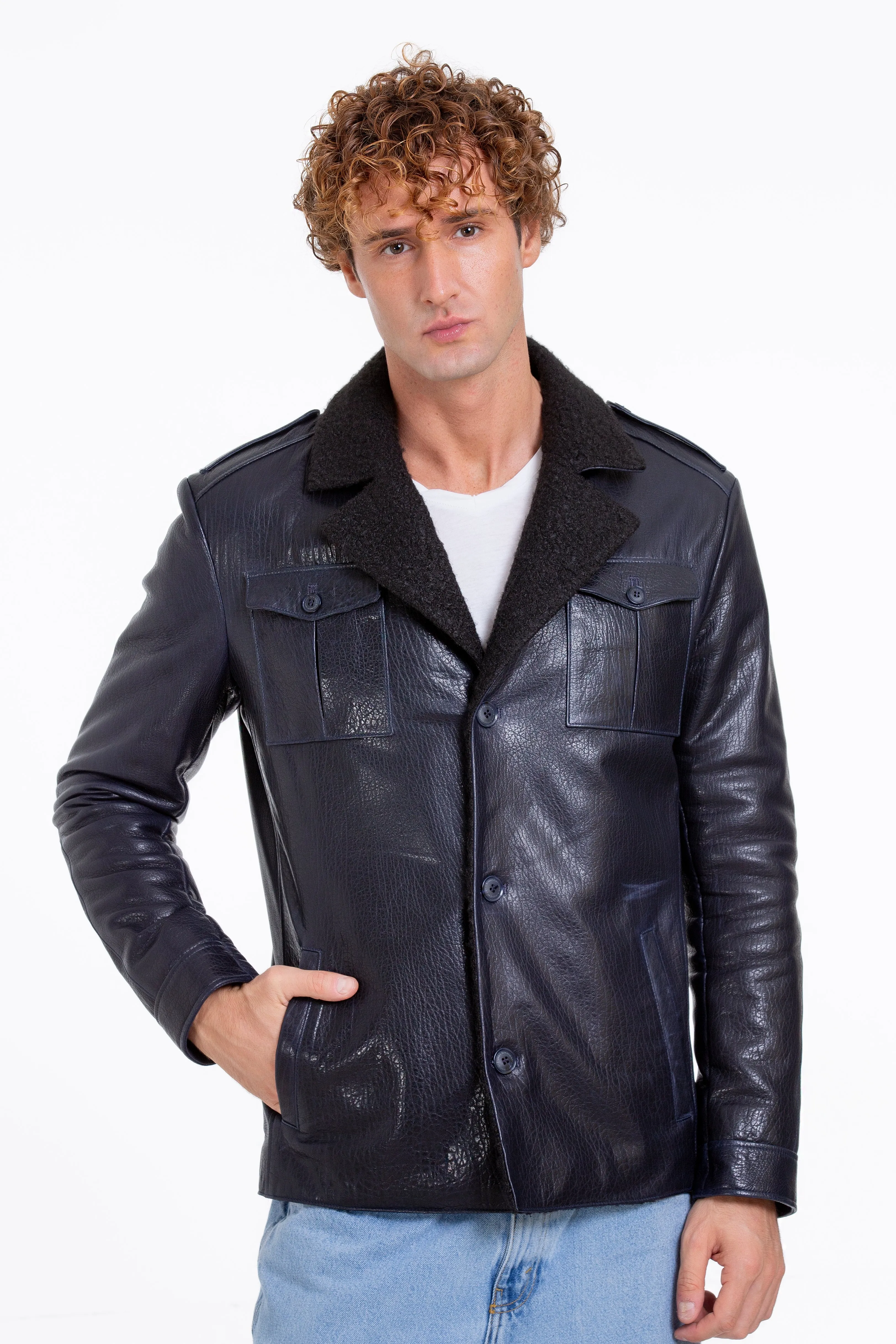 The Ponsonby Navy Blue Leather Shearling Men Jacket