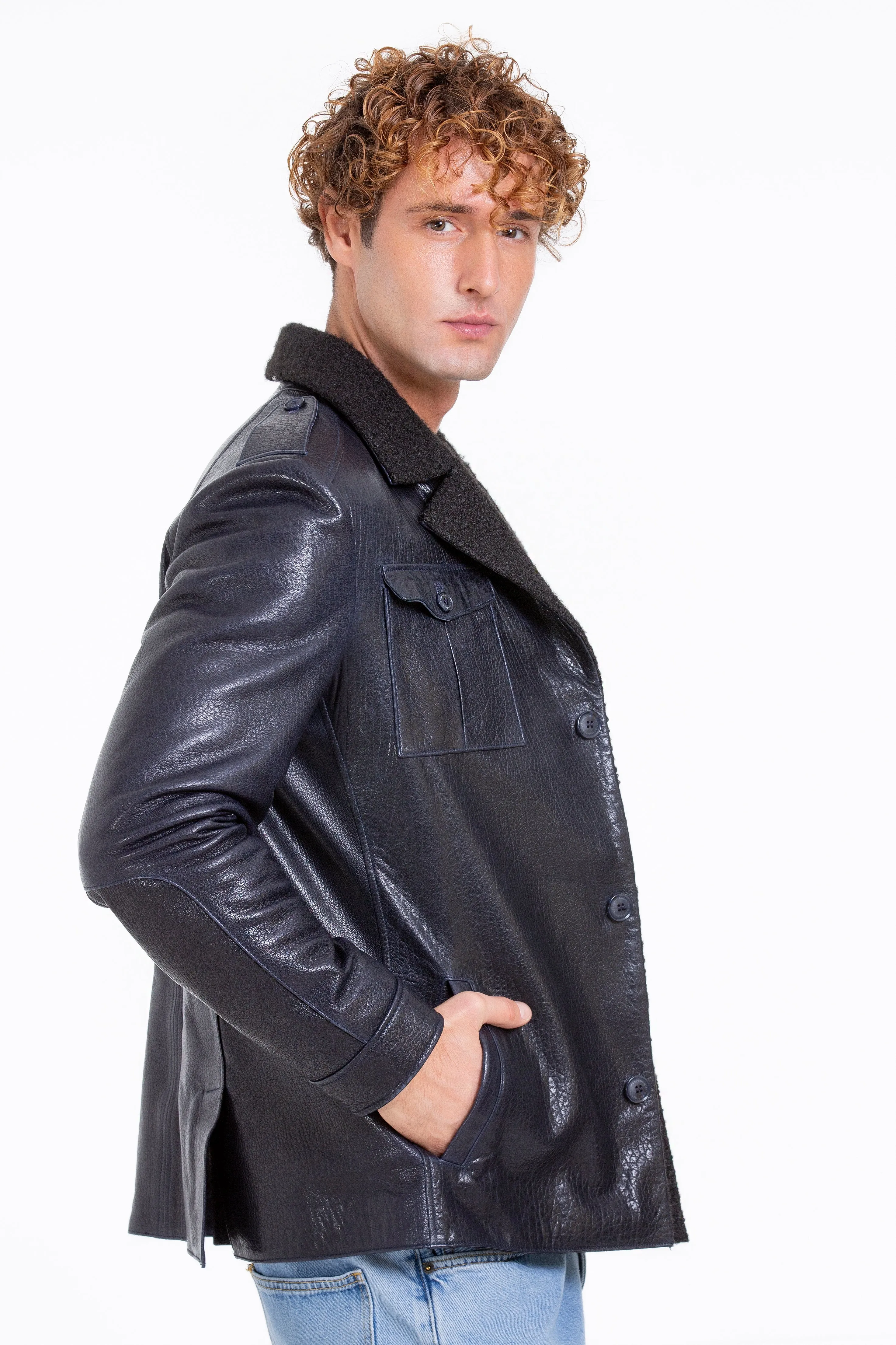 The Ponsonby Navy Blue Leather Shearling Men Jacket