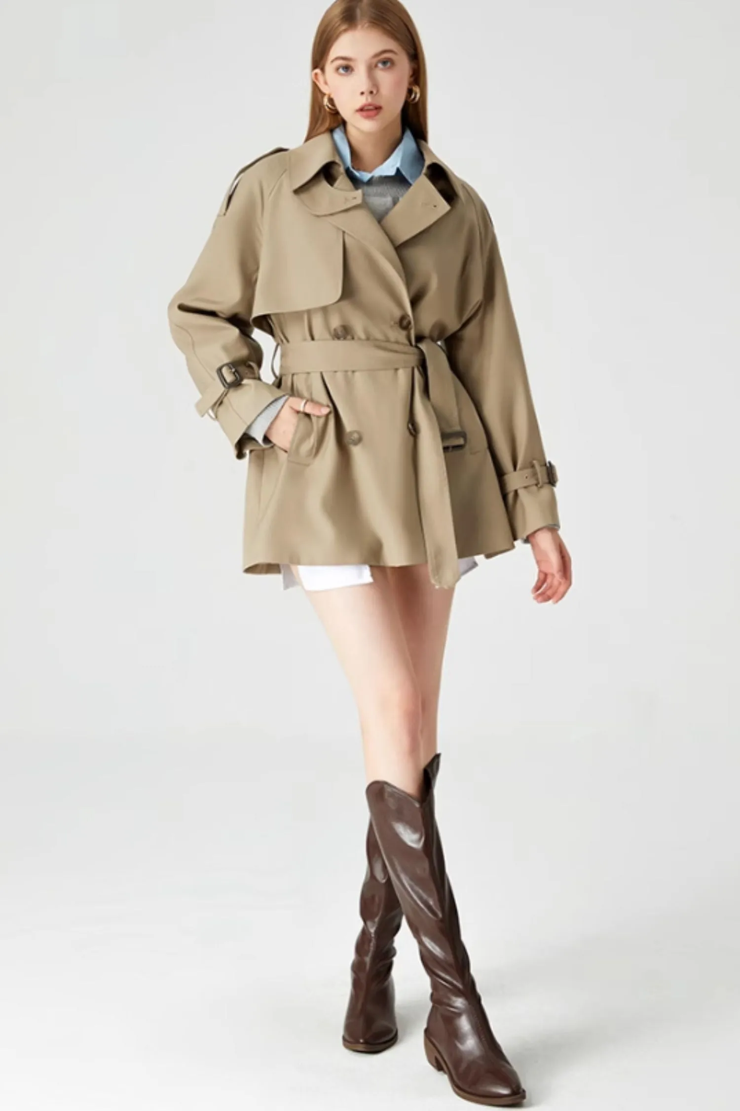 Tie belt autumn trench coat women 5371