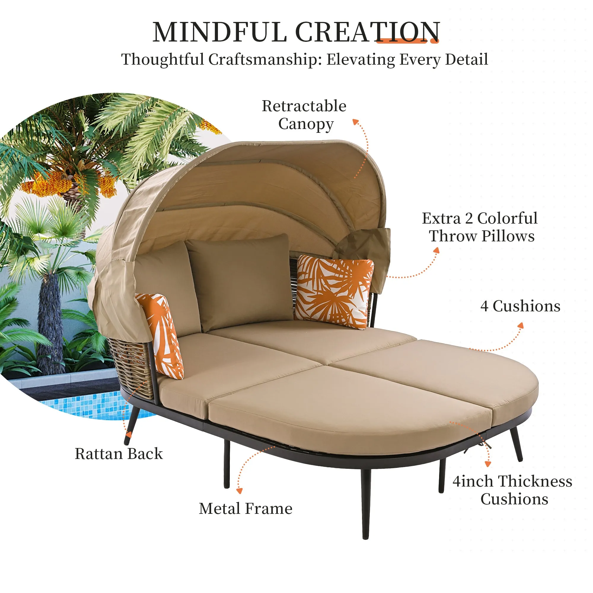 TOPMAX 74.8" L Patio Daybed with Retractable Canopy, Outdoor Rattan PE Wicker Back Loveseat Sofa Set with Throw Pillows and Cushions for Backyard, Poolside, Garden, Brown