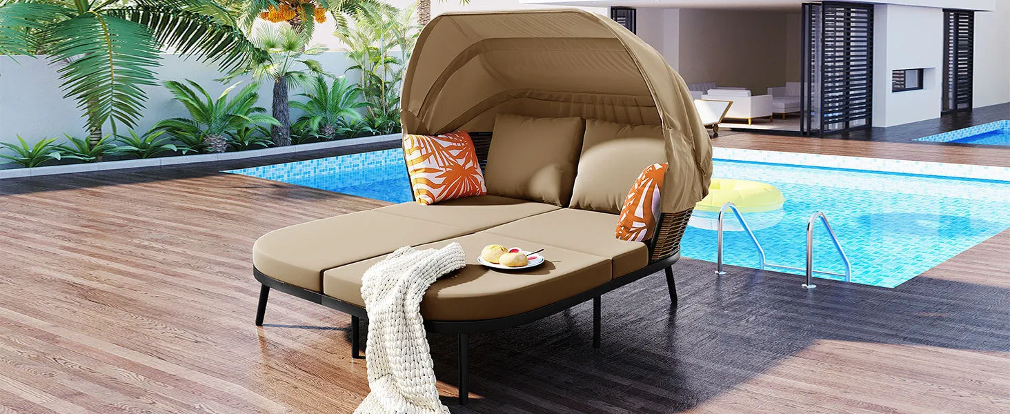 TOPMAX 74.8" L Patio Daybed with Retractable Canopy, Outdoor Rattan PE Wicker Back Loveseat Sofa Set with Throw Pillows and Cushions for Backyard, Poolside, Garden, Brown