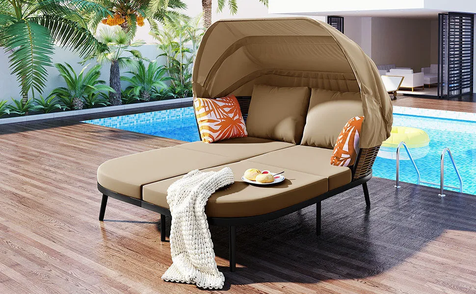 TOPMAX 74.8" L Patio Daybed with Retractable Canopy, Outdoor Rattan PE Wicker Back Loveseat Sofa Set with Throw Pillows and Cushions for Backyard, Poolside, Garden, Brown