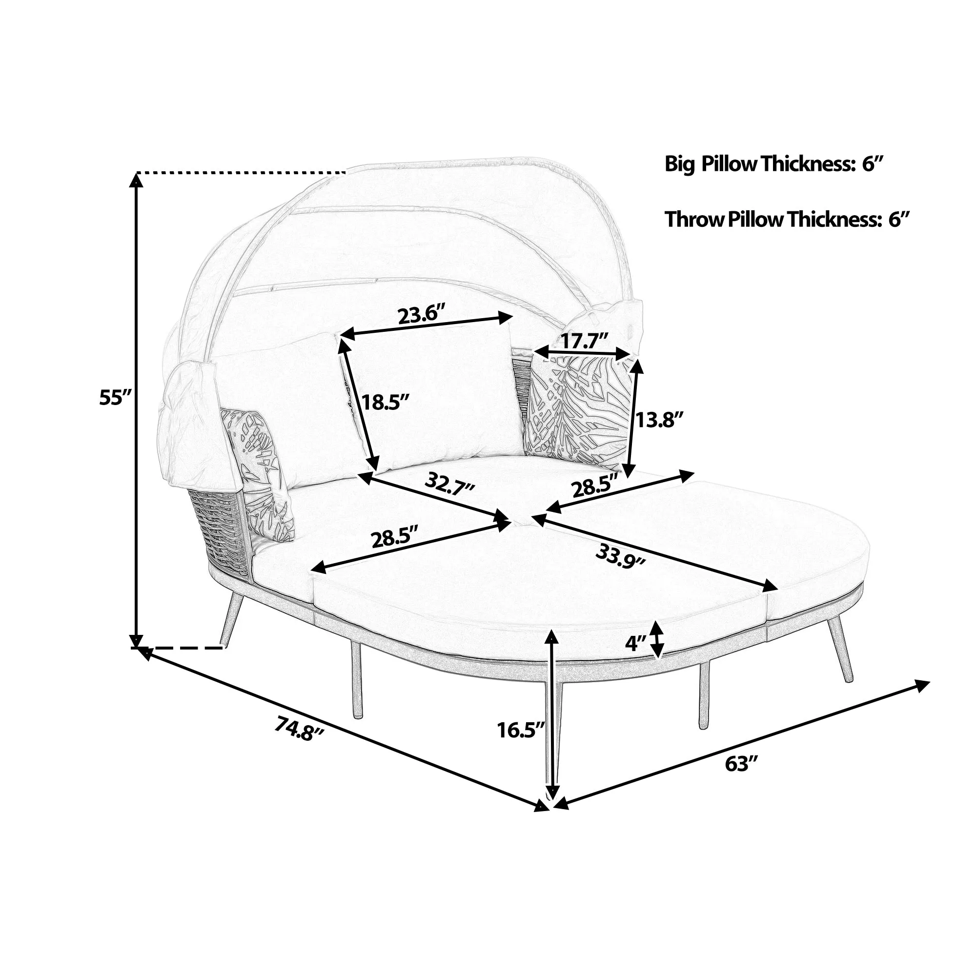 TOPMAX 74.8" L Patio Daybed with Retractable Canopy, Outdoor Rattan PE Wicker Back Loveseat Sofa Set with Throw Pillows and Cushions for Backyard, Poolside, Garden, Brown