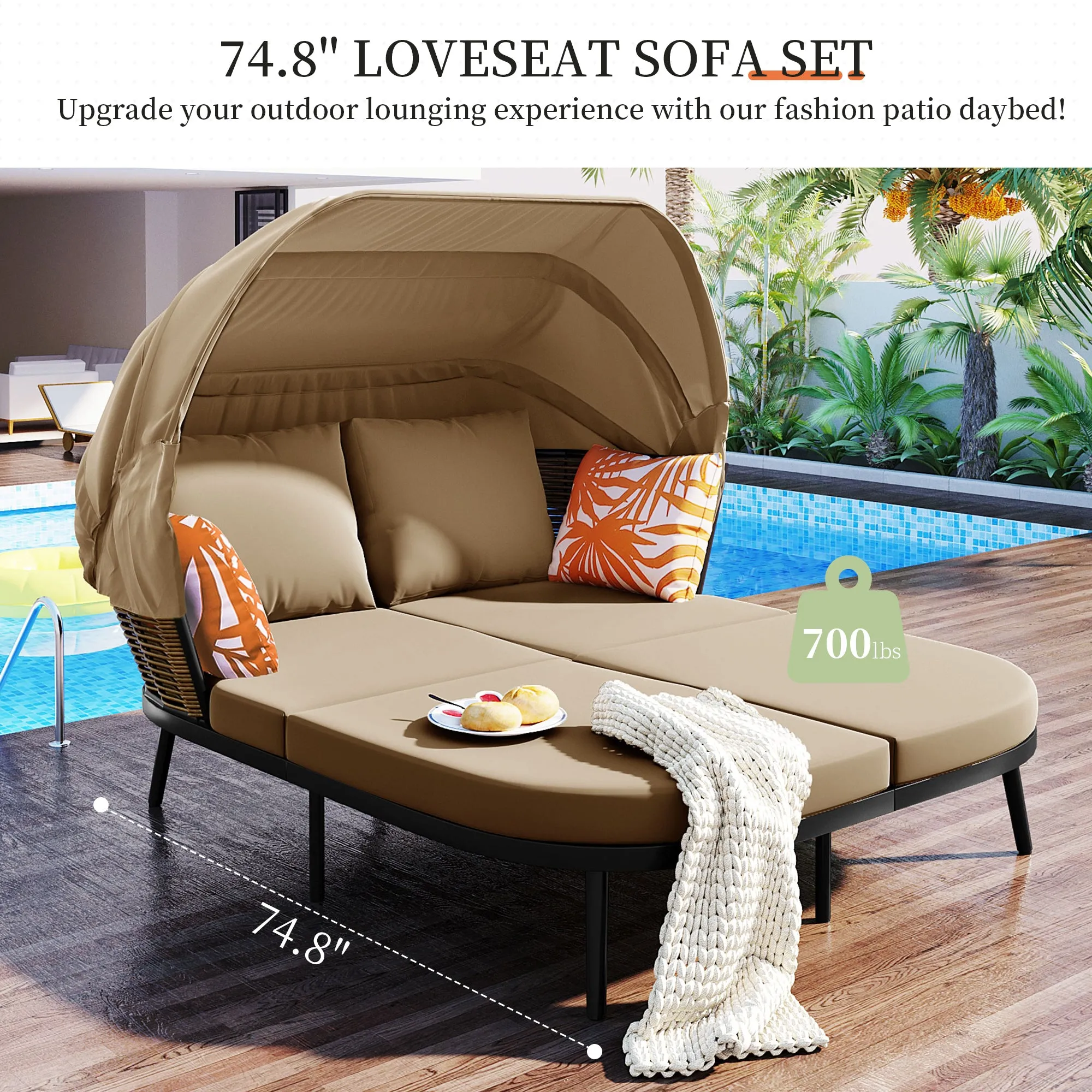 TOPMAX 74.8" L Patio Daybed with Retractable Canopy, Outdoor Rattan PE Wicker Back Loveseat Sofa Set with Throw Pillows and Cushions for Backyard, Poolside, Garden, Brown