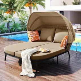 TOPMAX 74.8" L Patio Daybed with Retractable Canopy, Outdoor Rattan PE Wicker Back Loveseat Sofa Set with Throw Pillows and Cushions for Backyard, Poolside, Garden, Brown