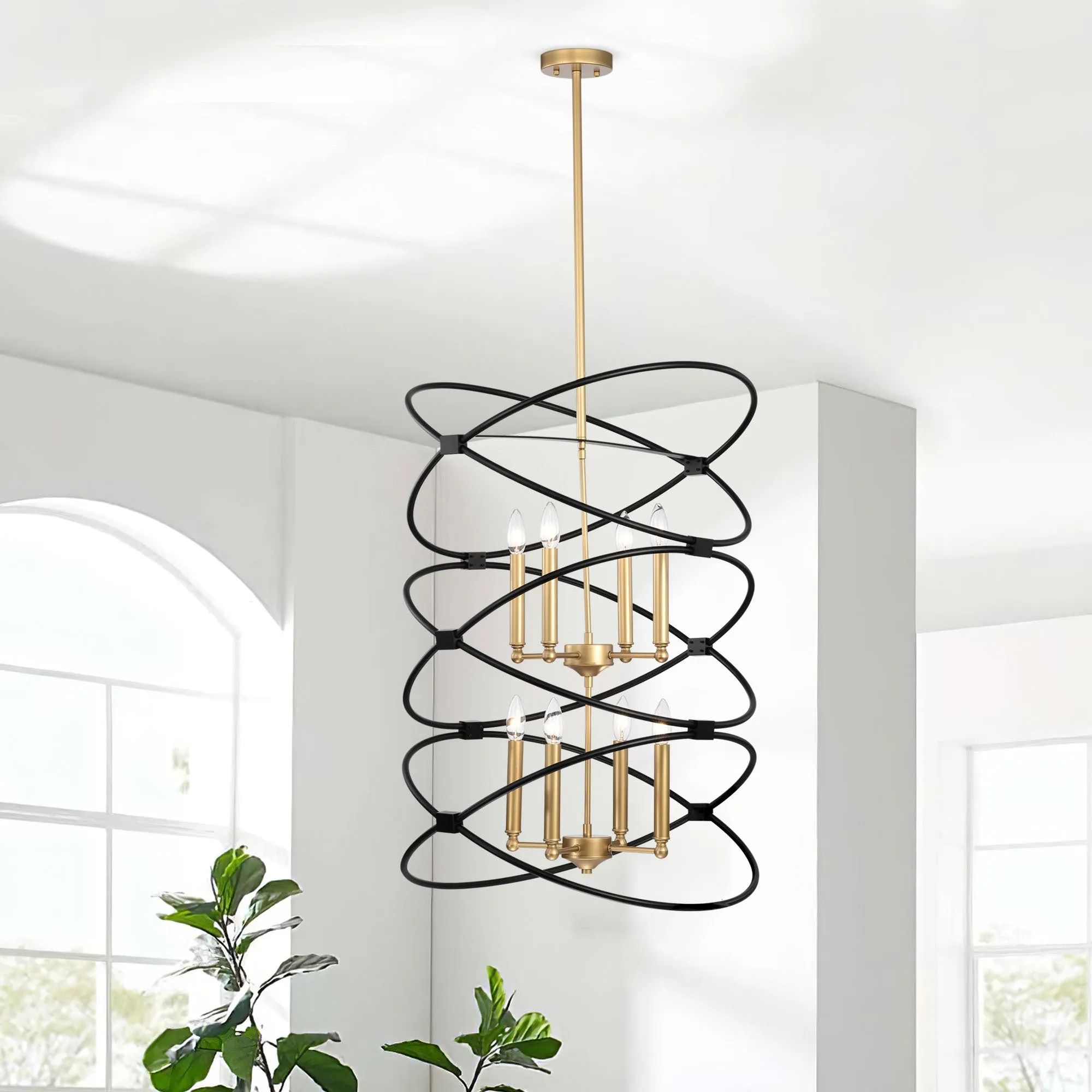 Transitional Gold/Matte Black Metal Chandelier Fixture, 8 lights, 2-Tier-Candle Ceiling Light for Living Room, Bedroom, Dining Room, Dimmable