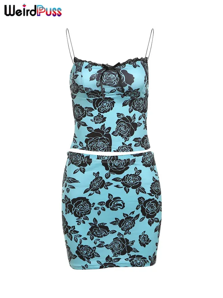 Trendy Flower Print Lace Camisole And Skirt Set