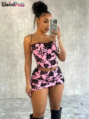 Trendy Flower Print Lace Camisole And Skirt Set