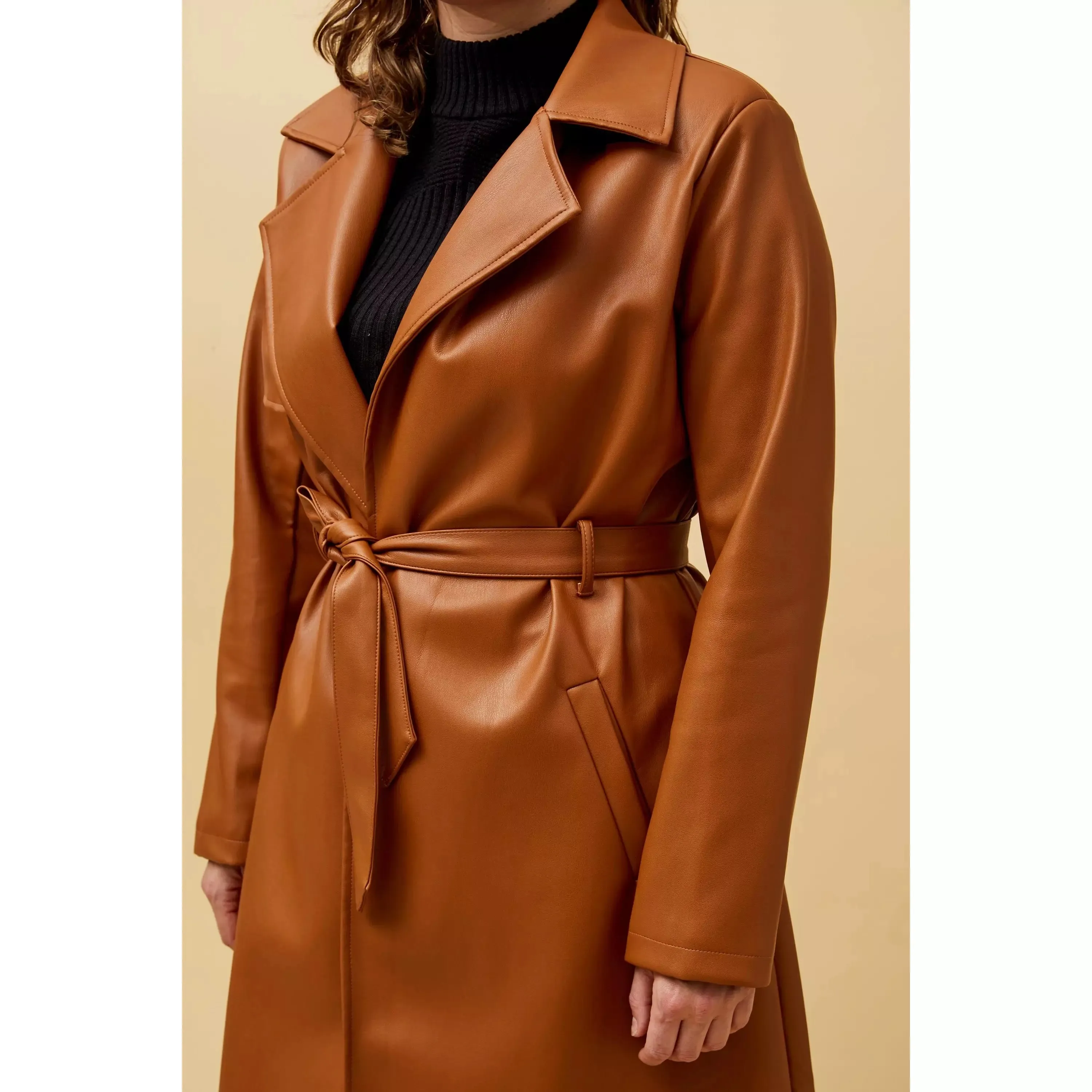 Vegan Leather Trench Coat - Toffee