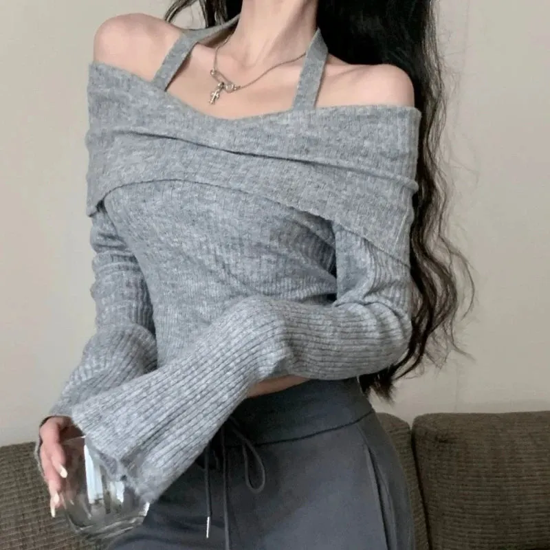 Vevesc Sexy Black Knitted Sweater Elegant Korean Style Off Shoulder Long Sleeve Pullovers Fashion Casual Crop Tops Sweaters