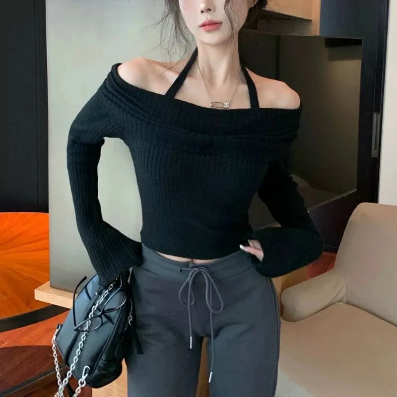 Vevesc Sexy Black Knitted Sweater Elegant Korean Style Off Shoulder Long Sleeve Pullovers Fashion Casual Crop Tops Sweaters