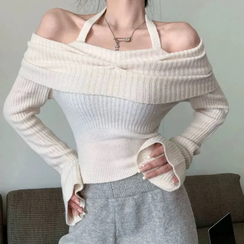 Vevesc Sexy Black Knitted Sweater Elegant Korean Style Off Shoulder Long Sleeve Pullovers Fashion Casual Crop Tops Sweaters