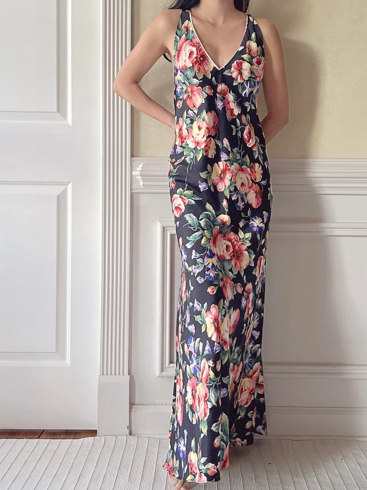 Vintage Satin Floral Slip Dress - M