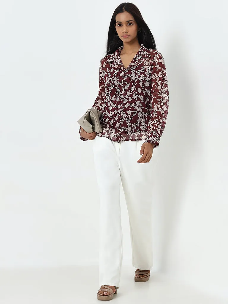 Wardrobe Burgundy Floral Design Shirt with Camisole