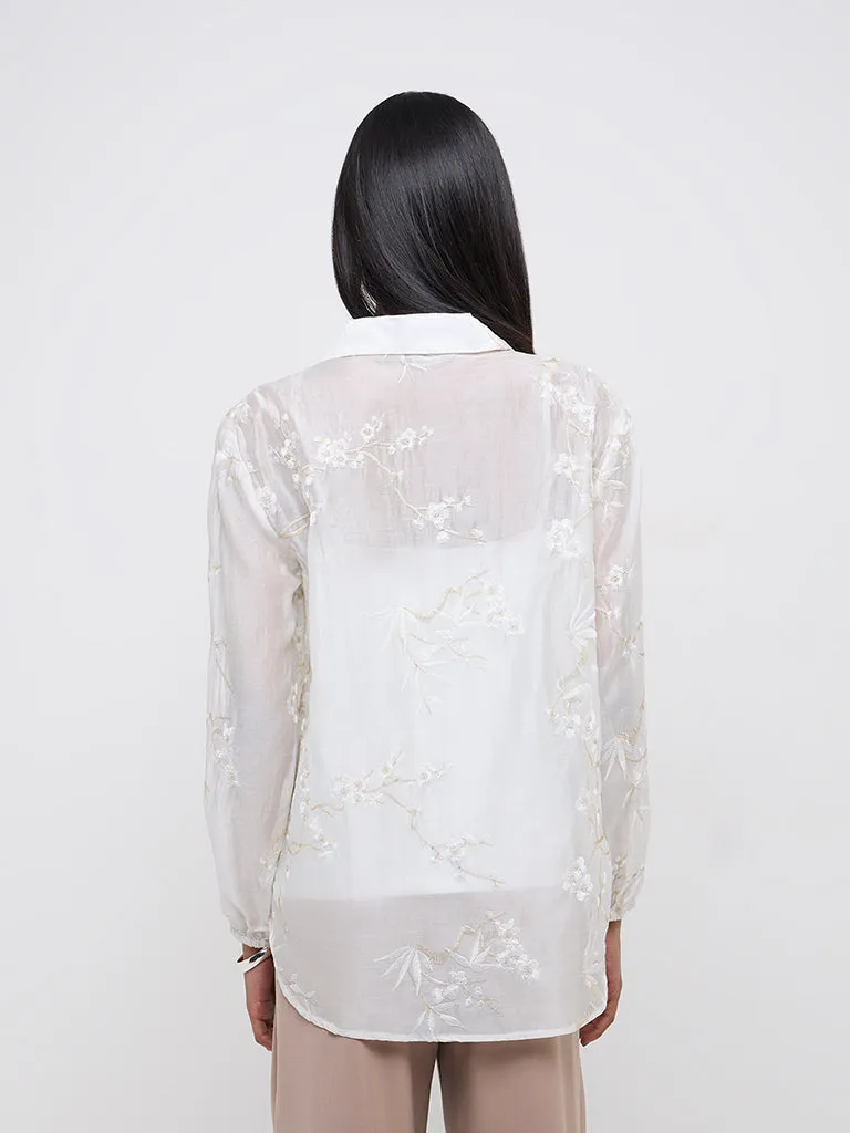 Wardrobe Ivory Floral Embroidered Shirt with Camisole