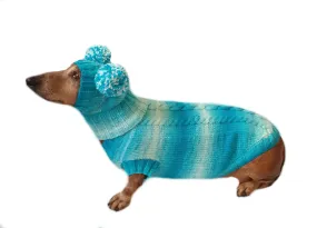 Warm blue suit sweater and hat for dog, clothes for dachshunds