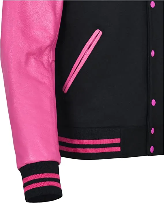 Warrior Gears Classic Hybrid Varsity Jacket for Kids, Toddler Letterman Bomber Jacket for Boys, Unisex Varsity Jacket Girls, Black Pure Wool Body & Pink Cowhide Leather Sleeves