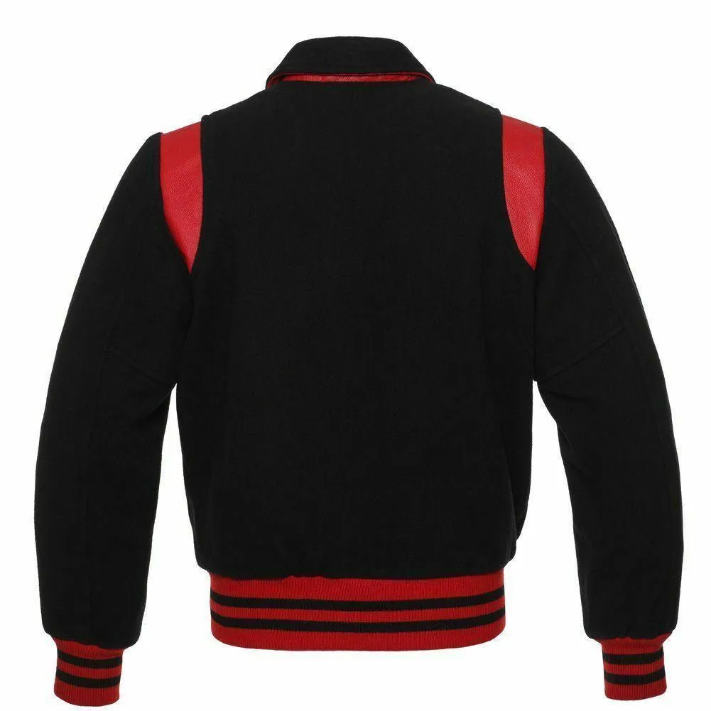 Warrior Gears Classic Hybrid Varsity Jacket for Kids, Toddler Letterman Bomber Jacket for Boys, Unisex Varsity   Jacket Girls, Black Wool Body & Black Sleeves with Collar & Red Trim