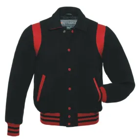 Warrior Gears Classic Hybrid Varsity Jacket for Kids, Toddler Letterman Bomber Jacket for Boys, Unisex Varsity   Jacket Girls, Black Wool Body & Black Sleeves with Collar & Red Trim