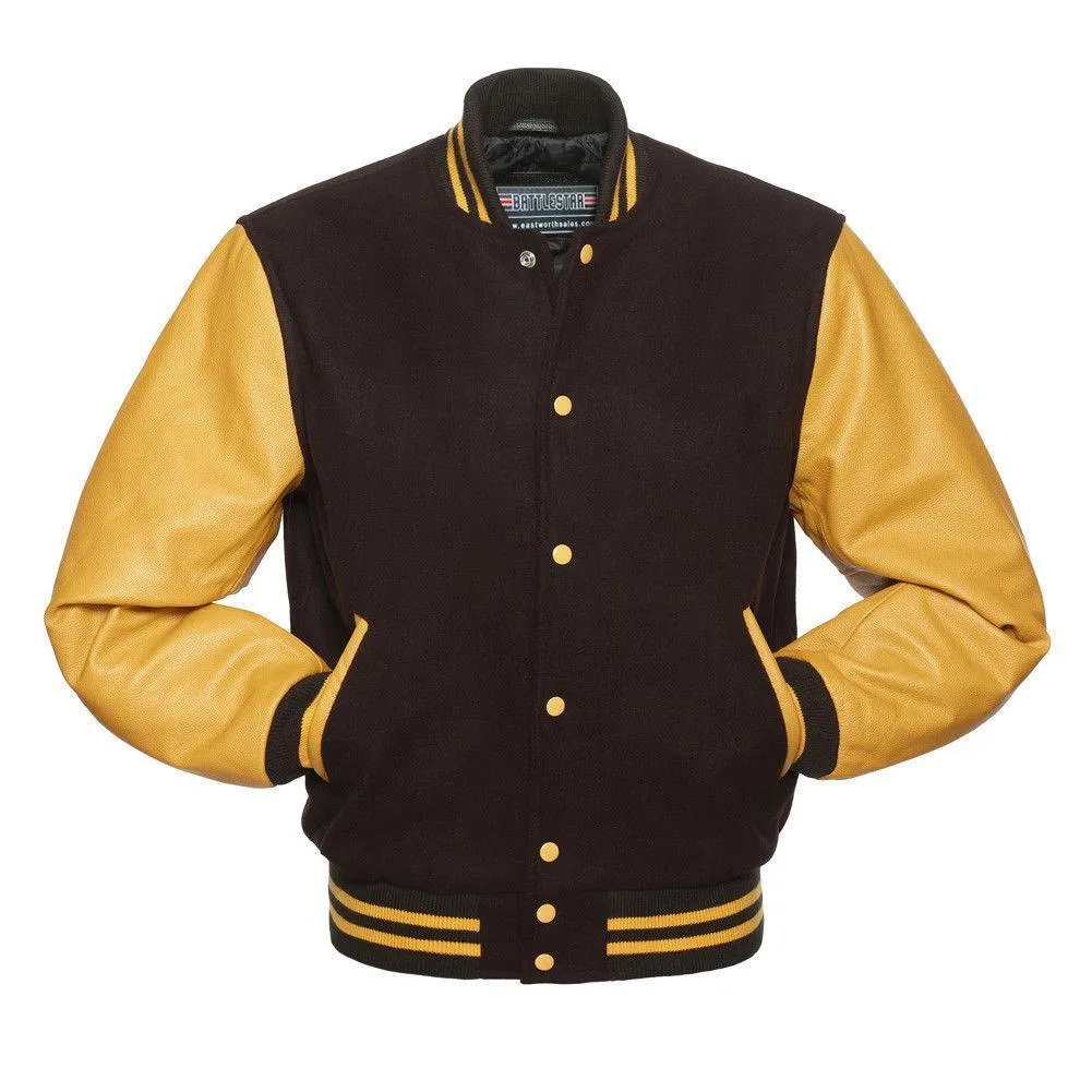 Warrior Gears Classic Hybrid Varsity Jacket for Kids, Toddler Letterman Bomber Jacket for Boys, Unisex Varsity Jacket Girls, Brown Pure Wool Body & Gold Cowhide Leather Sleeves