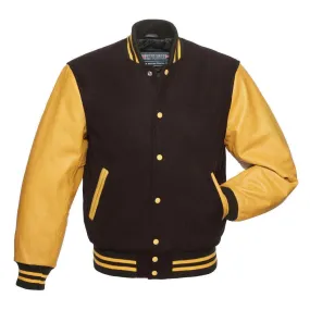 Warrior Gears Classic Hybrid Varsity Jacket for Kids, Toddler Letterman Bomber Jacket for Boys, Unisex Varsity Jacket Girls, Brown Pure Wool Body & Gold Cowhide Leather Sleeves